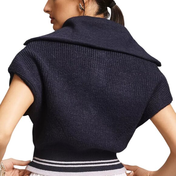 Maeve Women’s Navy Blue Ribbed Knit Collared Sweater Vest With Zip Detail Size S - Picture 8 of 8